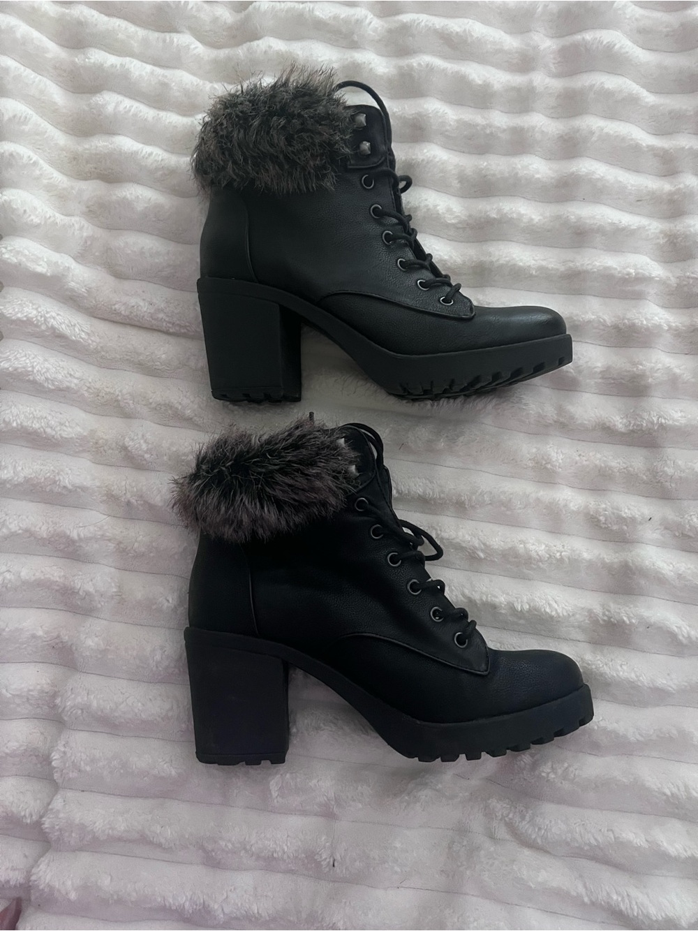 JustFab Black Faux-Fur Lace-Up Block Heel Boots